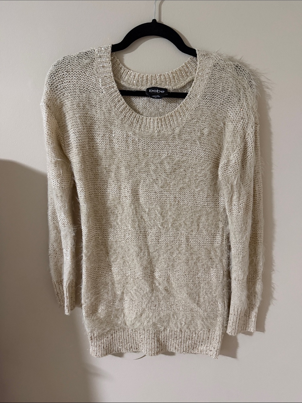 bebe Ivory Crewneck Sweater with Fuzzy Shoulder Detail